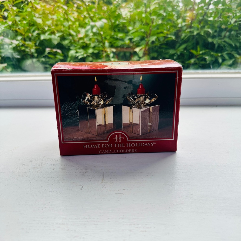 Home For The Holidays Silverplate Brass Gift Box Candleholders Set of 2
